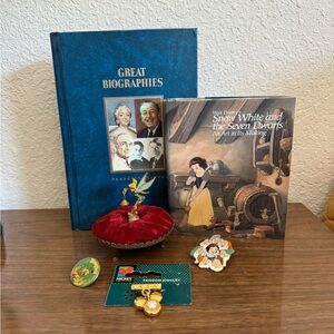 Vintage Disney Lot with Tinkerbell Pincushion, Disney Pins, Snow White art book
